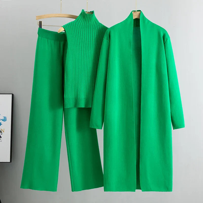 Jillie | Women's Three-Piece Set, Ribbed Top Cardigan and Wide-Leg Pants Outfit