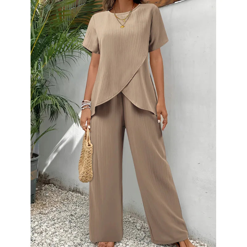 Lorrina | Women's Soft Two-Piece Set, Asymmetrical Blouse and Relaxed Trousers Outfit