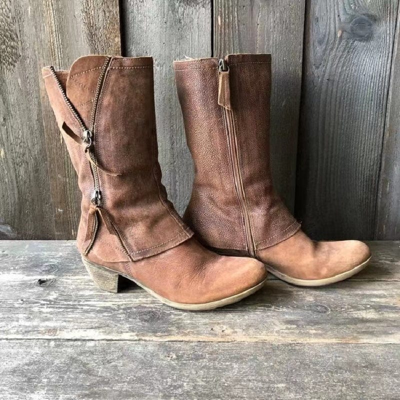 Sierra | Women's Mid-Calf Distressed Vegan Leather Western Boots, Side-Zip Cowboy Boots