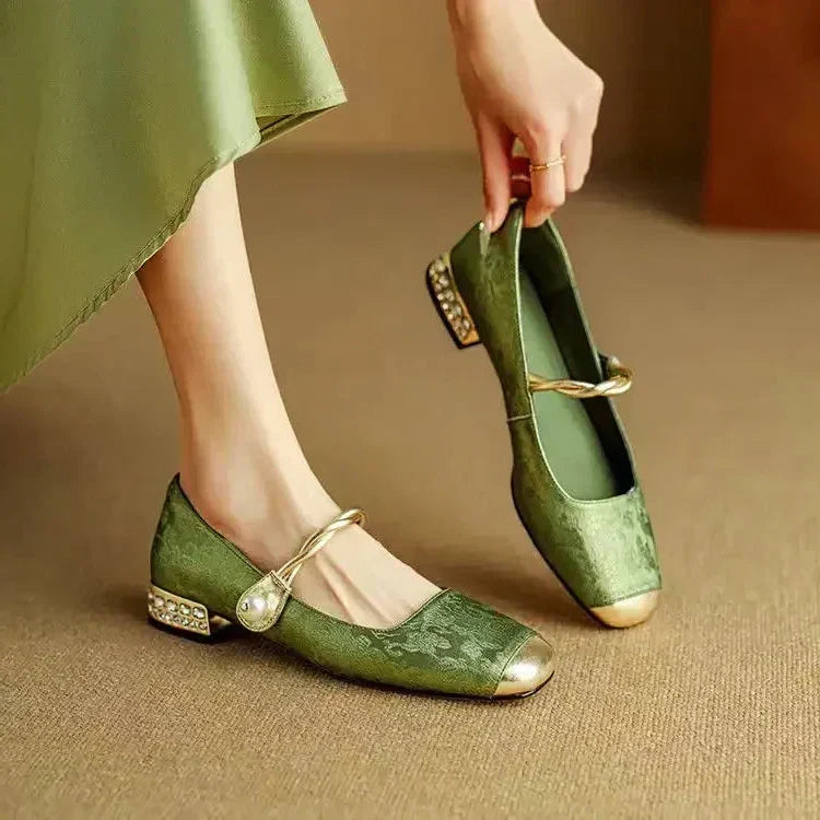Mestelle | Women's Pearl Strap Mary Jane Shoes, Low Block Heel Shoes for Occasions
