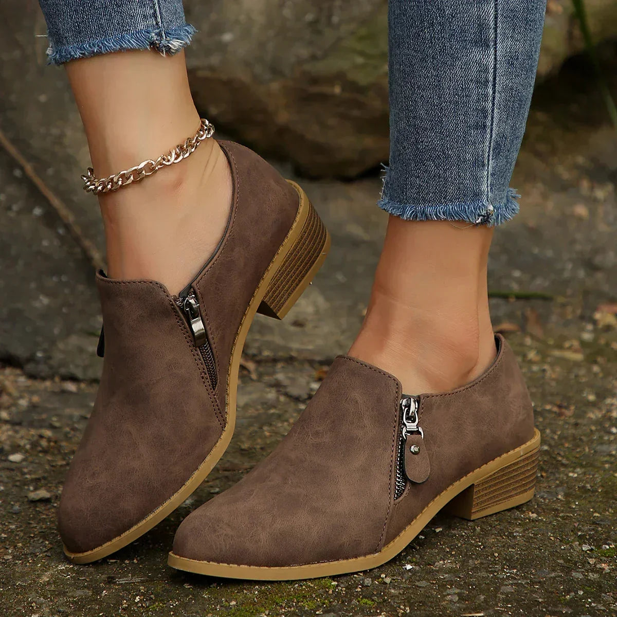 Maia | Women's Zip-Up Vegan Leather Ankle Boots, Low Heel Boots for Everyday Wear