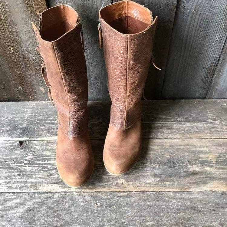 Sierra | Women's Mid-Calf Distressed Vegan Leather Western Boots, Side-Zip Cowboy Boots