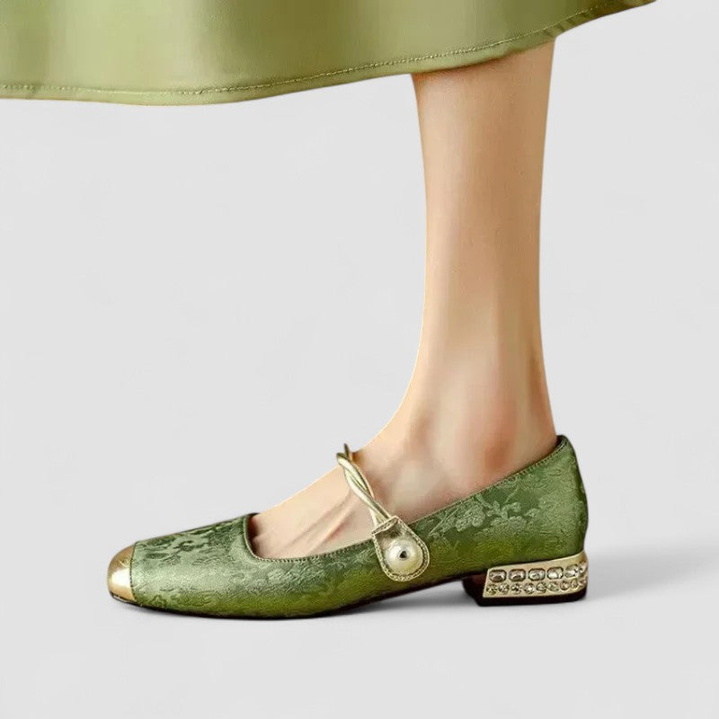Mestelle | Women's Vegan Leather Mary Jane Shoes, Metallic Toe Block Heel Shoes