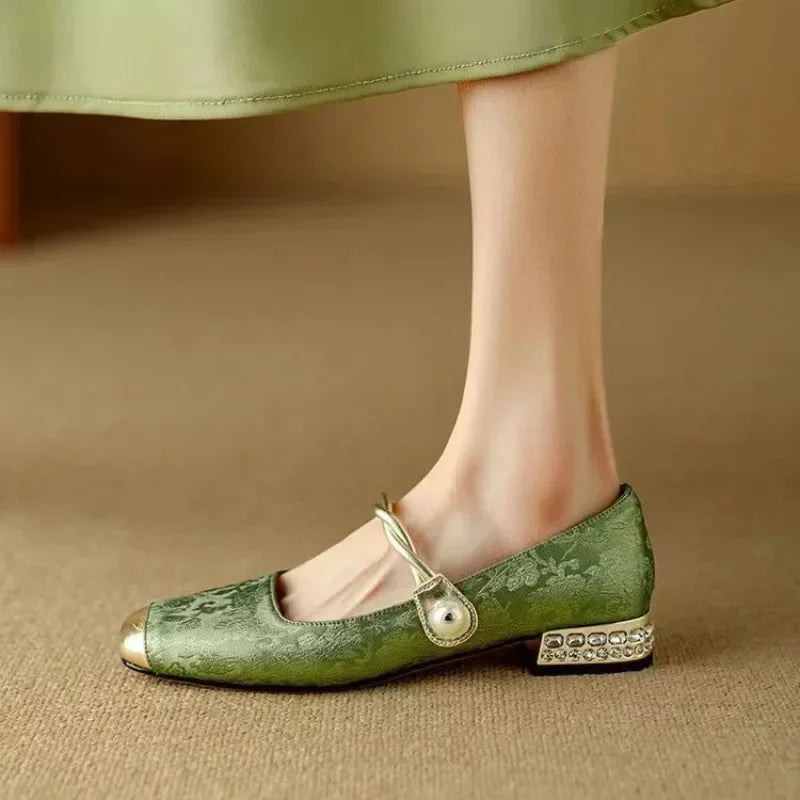 Mestelle | Women's Pearl Strap Mary Jane Shoes, Low Block Heel Shoes for Occasions