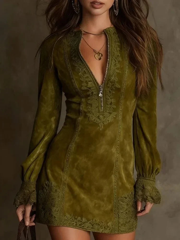 Women's Lace-Trimmed Mini Dress, Long Sleeve Zip Neck Party and Occasion Dress
