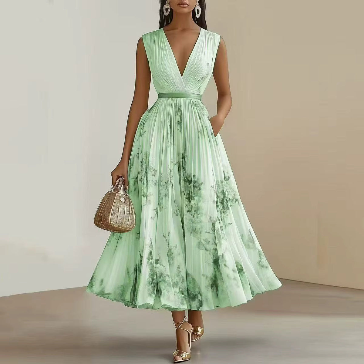 Rowella | Women's Pleated Floral Maxi Dress, Long Sleeve V-Neck Dress with Tie Waist