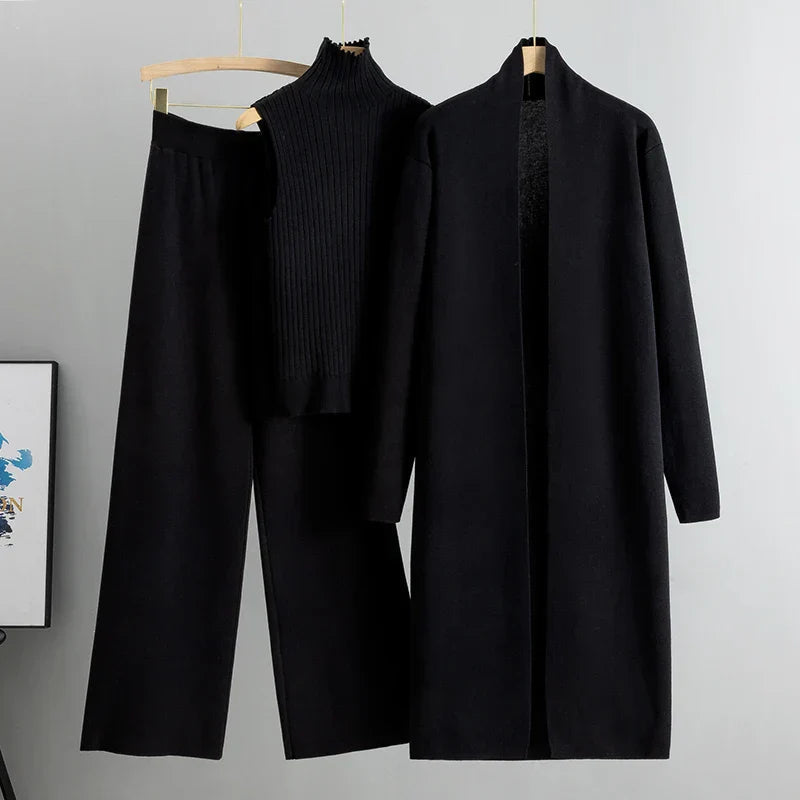 Jillie | Women's Three-Piece Set, Ribbed Top Cardigan and Wide-Leg Pants Outfit