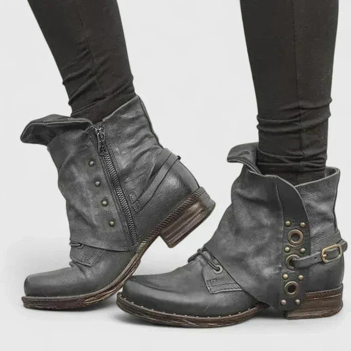 Savannah | Women's Distressed Vegan Leather Ankle Boots, Rivet Strap Western Boots