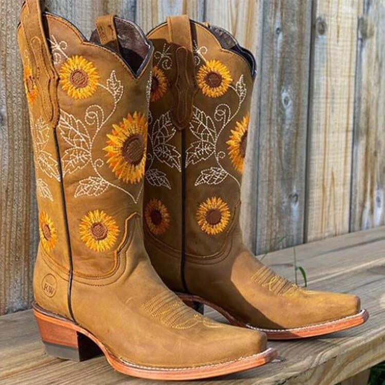 Women's Embroidered Vegan Leather Cowboy Boots, Sunflower Western Boots