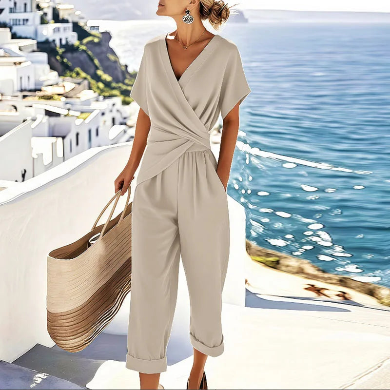 Colleen | Women's Wrap-Front Two-Piece Set, Top and Cropped Trousers Outfit
