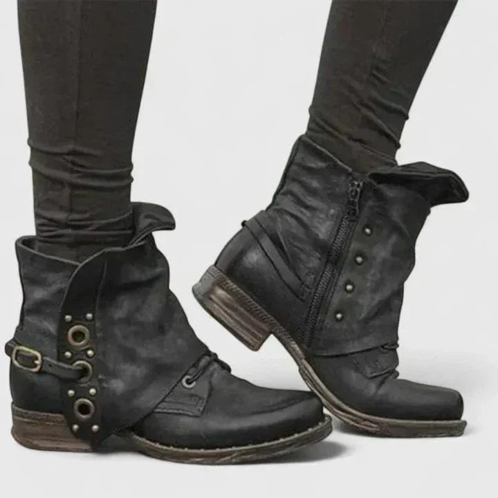 Savannah | Women's Distressed Vegan Leather Ankle Boots, Rivet Strap Western Boots