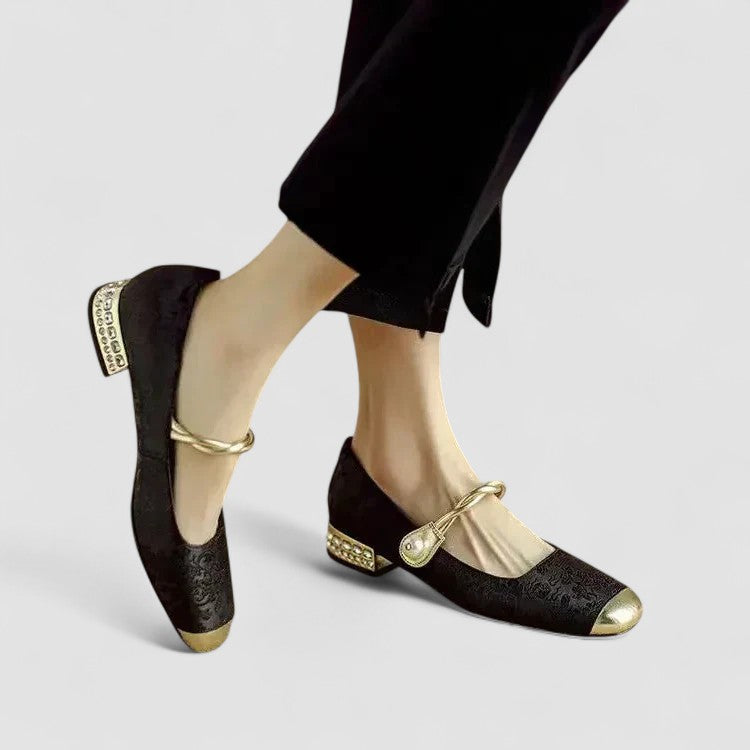 Mestelle | Women's Vegan Leather Mary Jane Shoes, Metallic Toe Block Heel Shoes