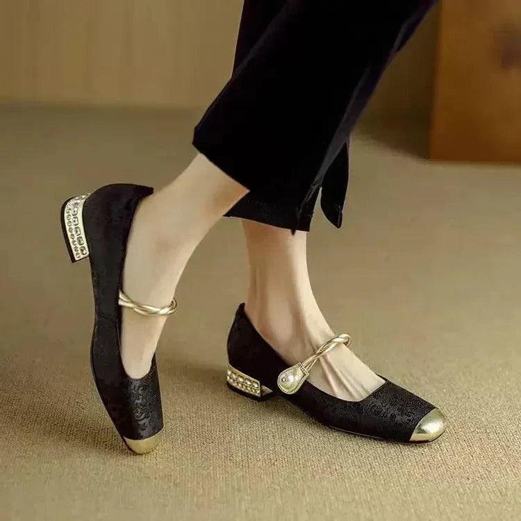 Mestelle | Women's Pearl Strap Mary Jane Shoes, Low Block Heel Shoes for Occasions