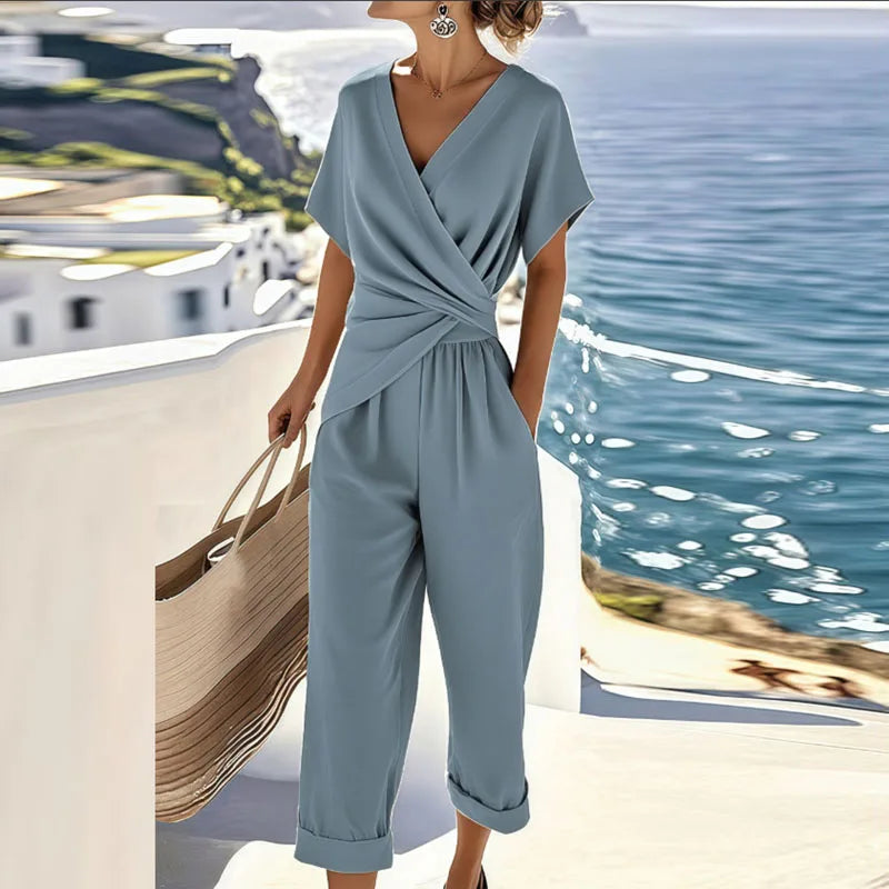 Colleen | Women's Wrap-Front Two-Piece Set, Top and Cropped Trousers Outfit