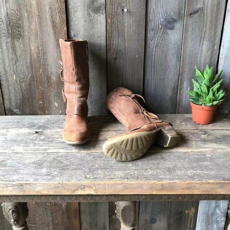 Sierra | Women's Mid-Calf Distressed Vegan Leather Western Boots, Side-Zip Cowboy Boots