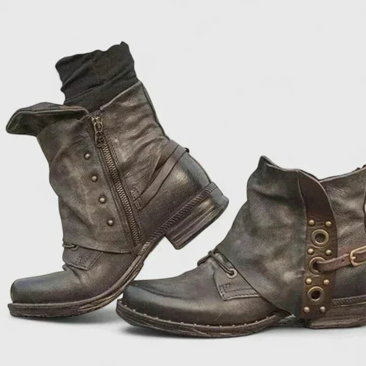 Savannah | Women's Distressed Vegan Leather Ankle Boots, Rivet Strap Western Boots