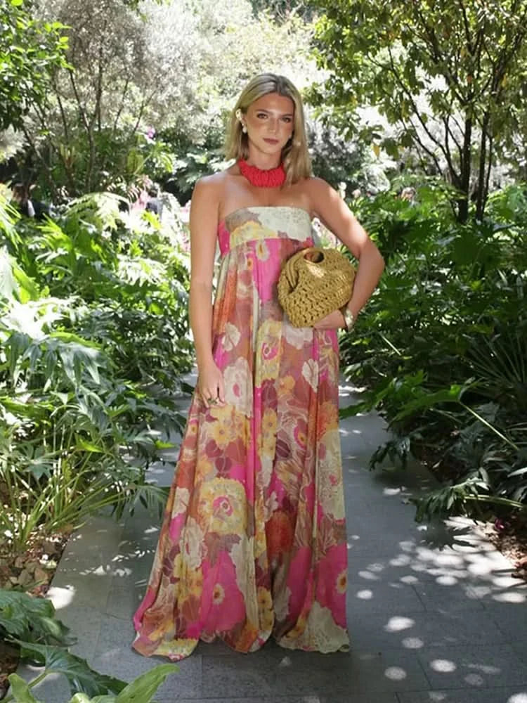 Lylah | Women's Strapless Maxi Dress, Flowy High-Waist Evening Gown for Parties