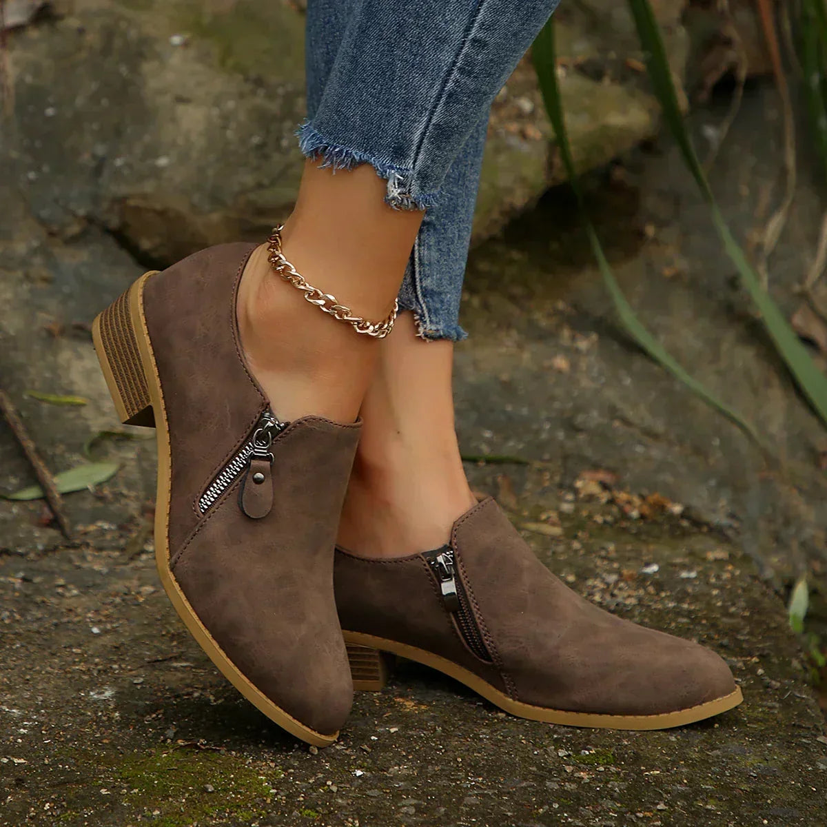 Maia | Women's Zip-Up Vegan Leather Ankle Boots, Low Heel Boots for Everyday Wear