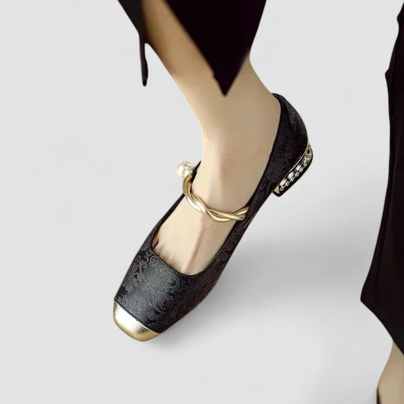 Mestelle | Women's Vegan Leather Mary Jane Shoes, Metallic Toe Block Heel Shoes