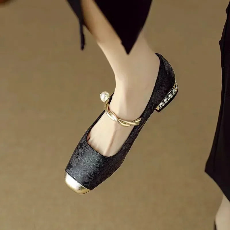Mestelle | Women's Pearl Strap Mary Jane Shoes, Low Block Heel Shoes for Occasions