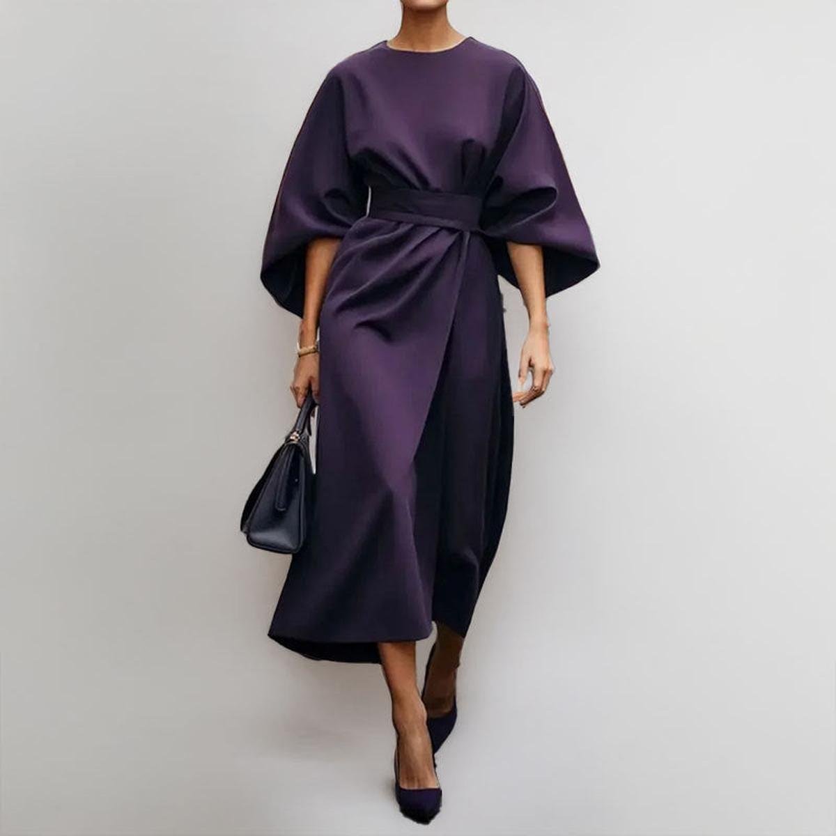 Eldra | Women's Batwing Sleeve Maxi Dress, Belted Long Sleeve Evening Dress