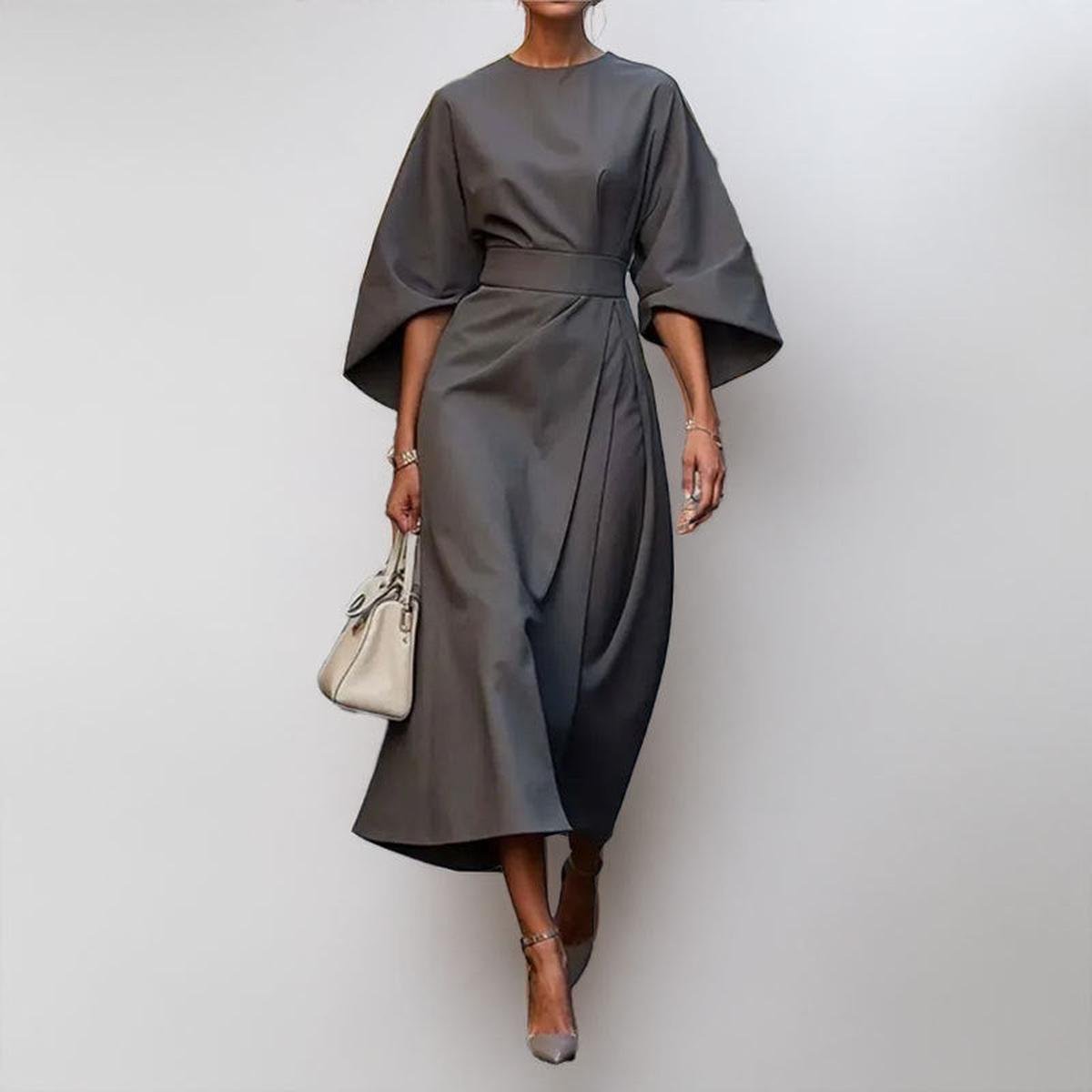 Eldra | Women's Batwing Sleeve Maxi Dress, Belted Long Sleeve Evening Dress