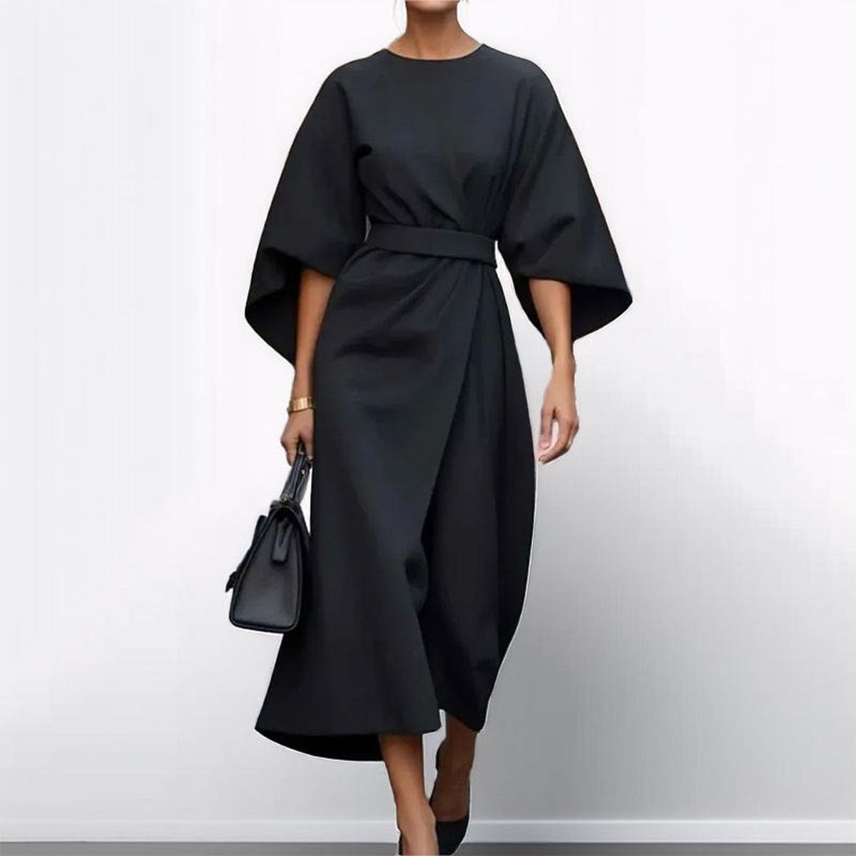 Eldra | Women's Batwing Sleeve Maxi Dress, Belted Long Sleeve Evening Dress