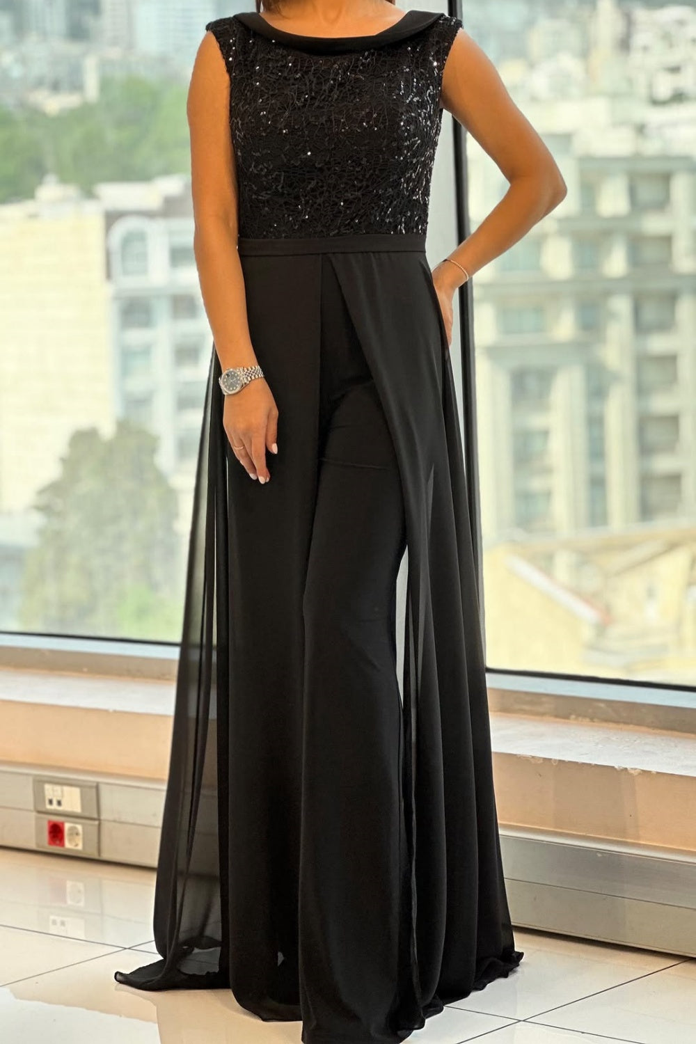 Fontella | Women's Sequin Bodice Jumpsuit, Chiffon Overlay Evening Jumpsuit for Galas
