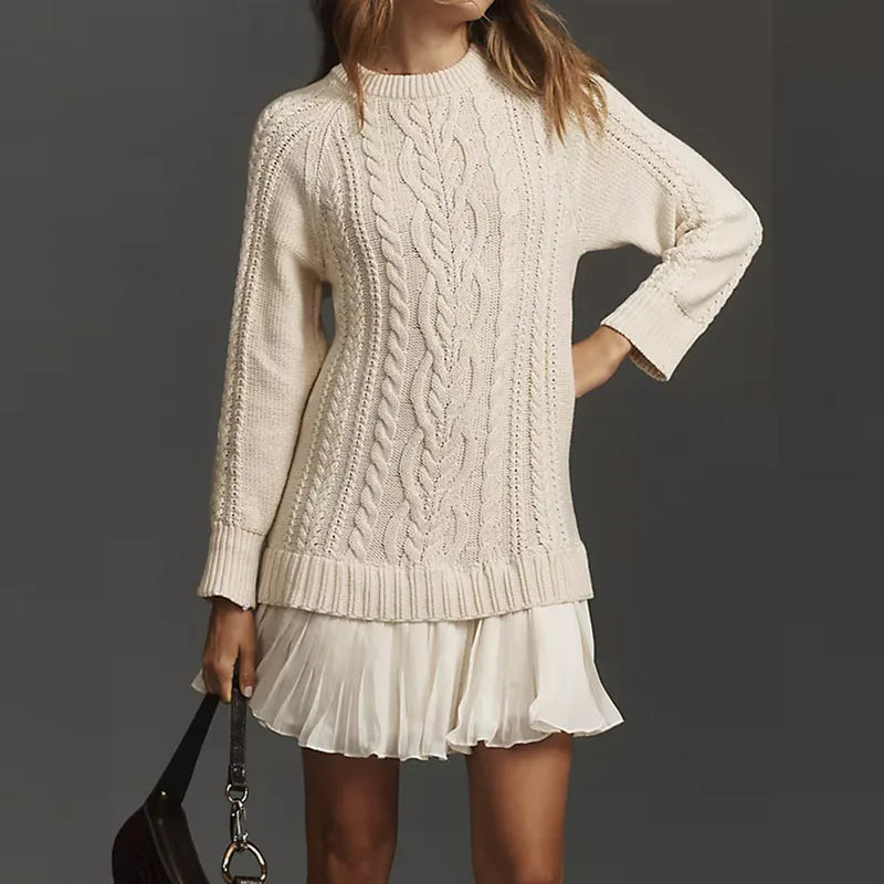 Eira | Women's Cable Knit Sweater Dress, Long Sleeve Crew Neck Winter Dress