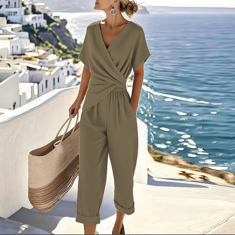 Colleen | Women's Wrap-Front Two-Piece Set, Top and Cropped Trousers Outfit