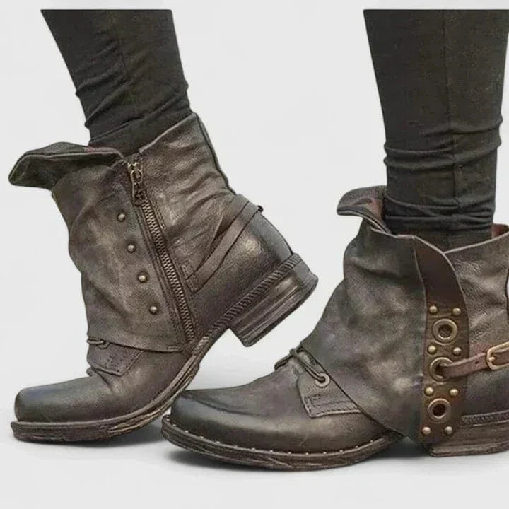 Savannah | Women's Distressed Vegan Leather Ankle Boots, Rivet Strap Western Boots
