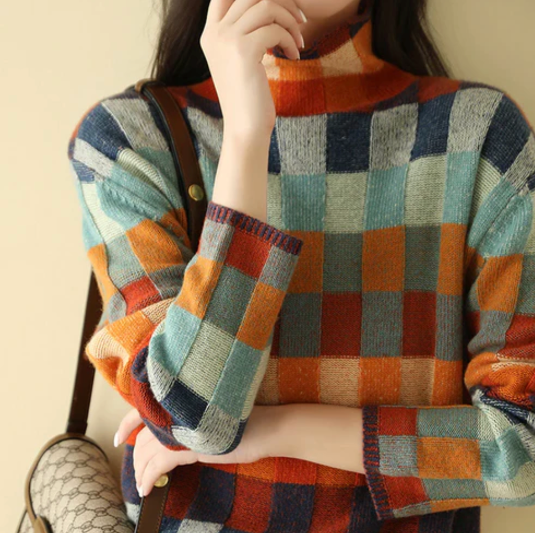 Isabelle | Women's Checked Wool Blend Sweater, Warm Relaxed Fit Knit Pullover