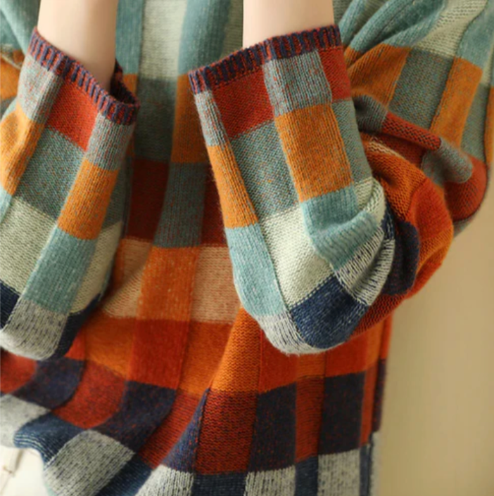 Isabelle | Women's Checked Wool Blend Sweater, Warm Relaxed Fit Knit Pullover