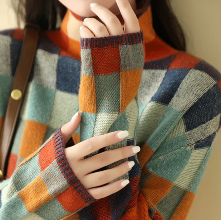 Isabelle | Women's Checked Wool Blend Sweater, Warm Relaxed Fit Knit Pullover