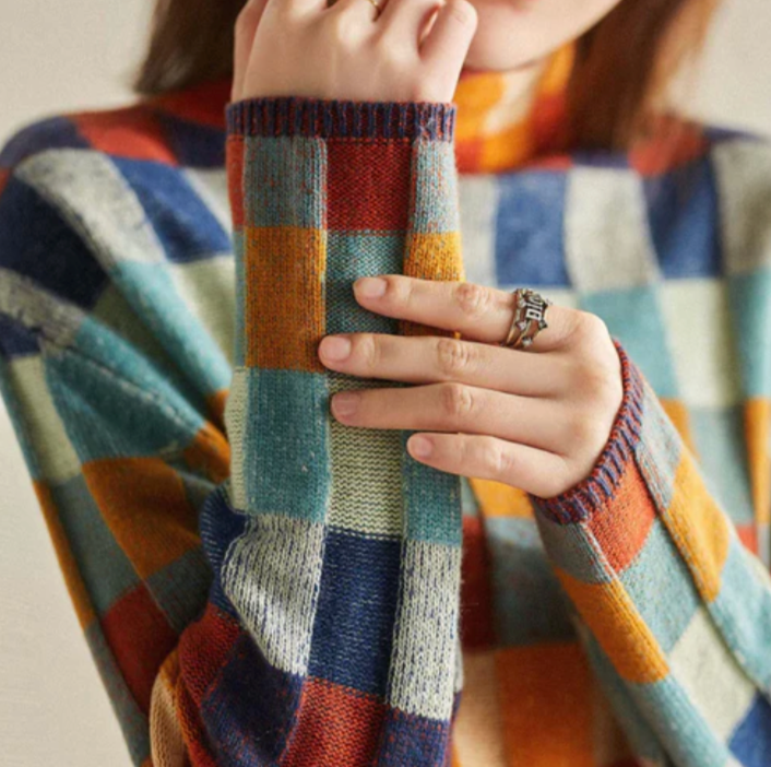 Isabelle | Women's Checked Wool Blend Sweater, Warm Relaxed Fit Knit Pullover