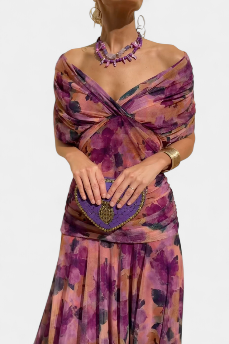 Alondra | Women's Floral V-Neck Maxi Dress, Long Pleated Waist Dress