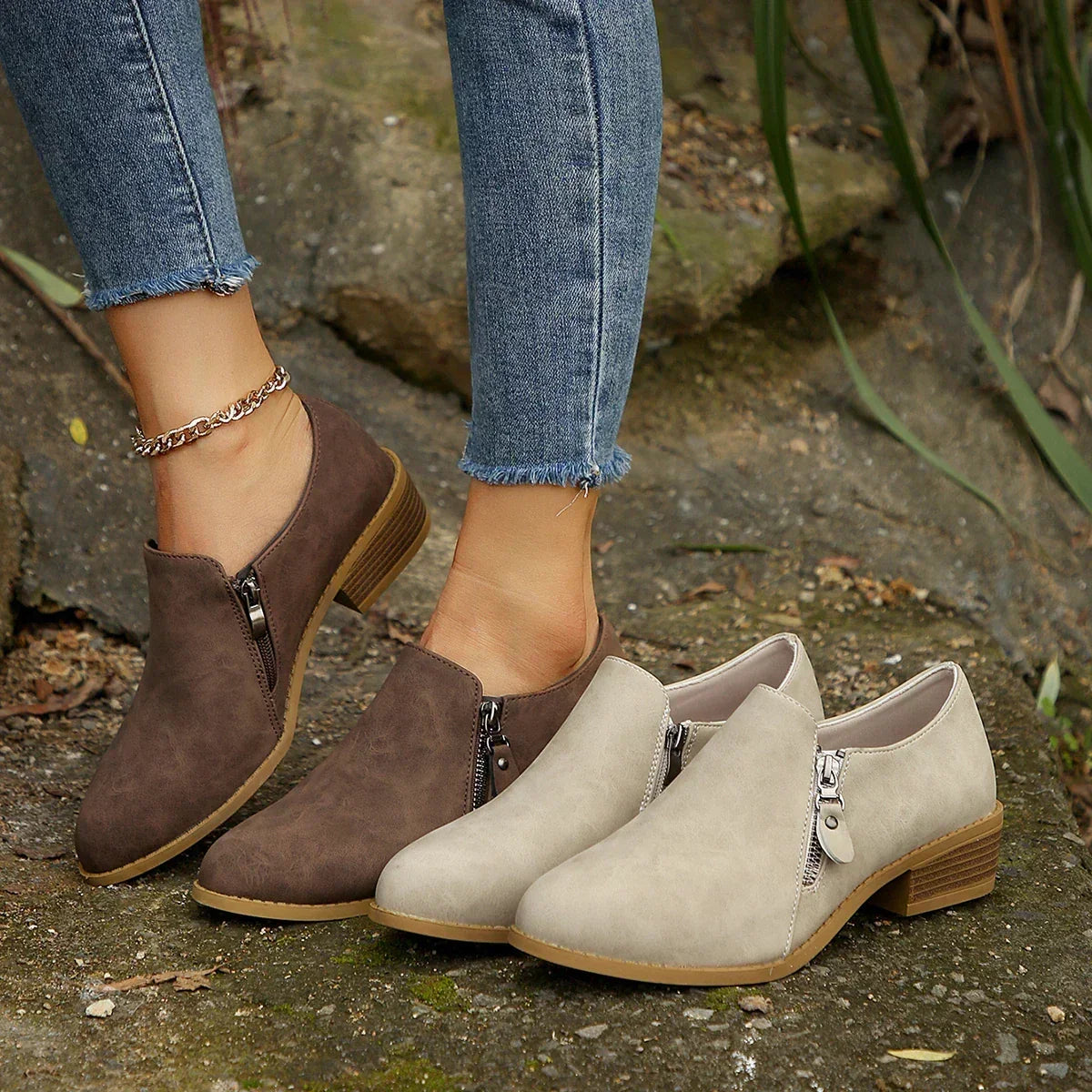 Maia | Women's Zip-Up Vegan Leather Ankle Boots, Low Heel Boots for Everyday Wear