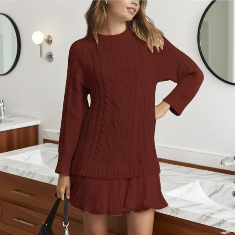 Eira | Women's Cable Knit Sweater Dress, Long Sleeve Crew Neck Winter Dress