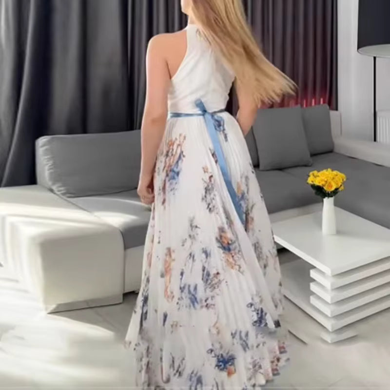 Rowella | Women's Pleated Floral Maxi Dress, Long Sleeve V-Neck Dress with Tie Waist