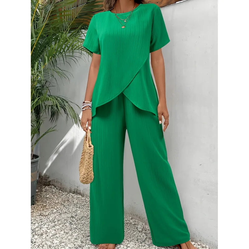 Lorrina | Women's Soft Two-Piece Set, Asymmetrical Blouse and Relaxed Trousers Outfit