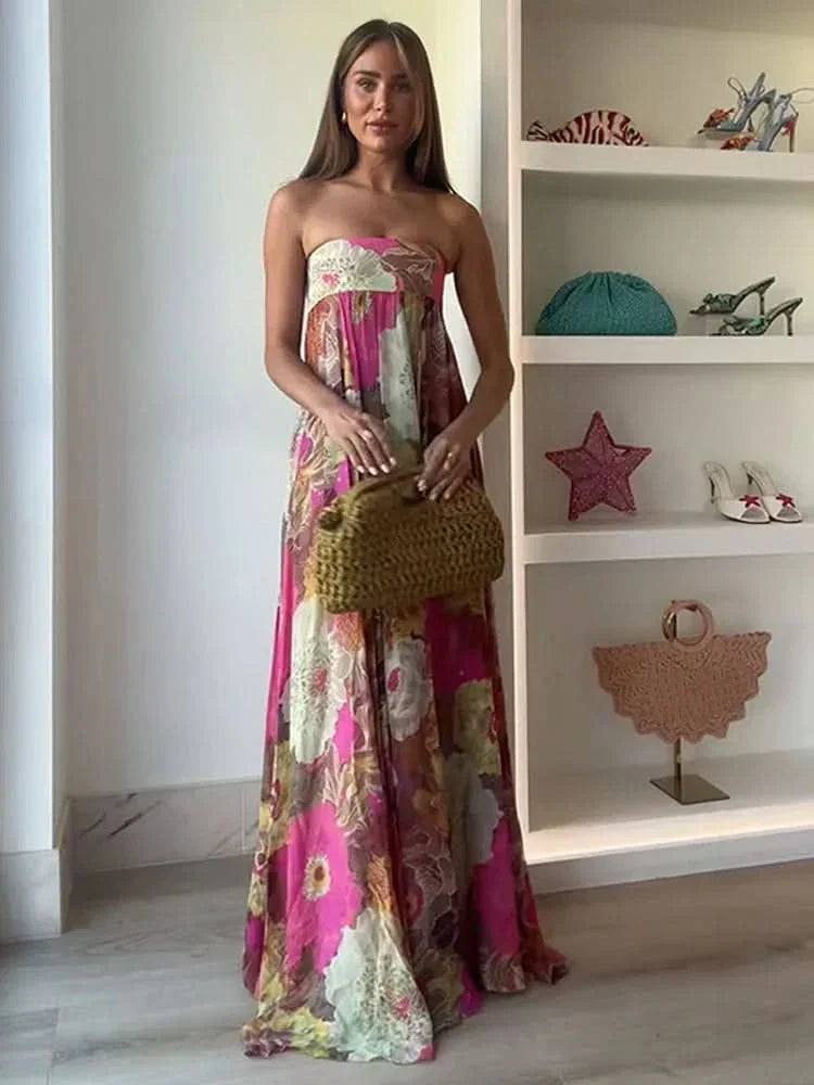 Lylah | Women's Strapless Maxi Dress, Flowy High-Waist Evening Gown for Parties