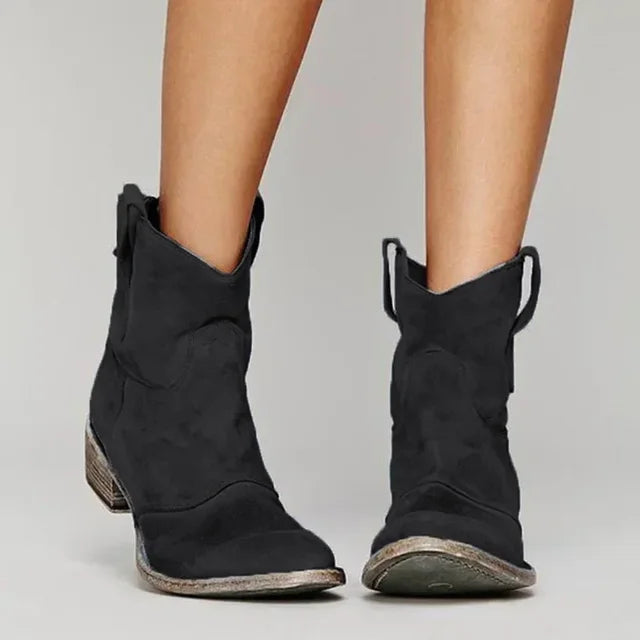 Women's Vintage Vegan Leather Cowboy Ankle Boots, Embroidered Western Boots