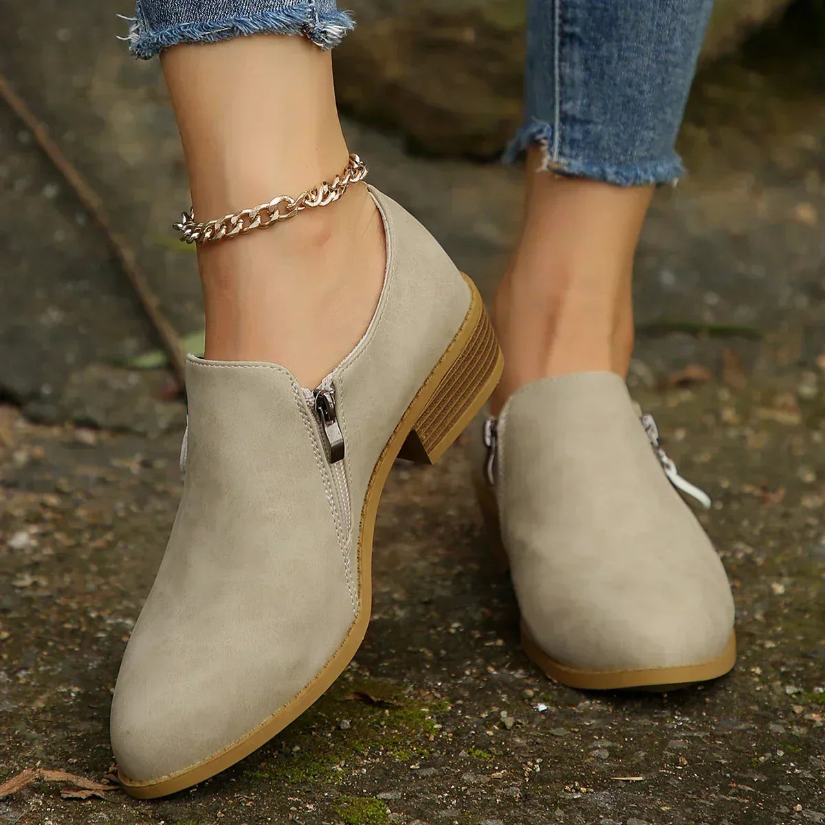 Maia | Women's Zip-Up Vegan Leather Ankle Boots, Low Heel Boots for Everyday Wear