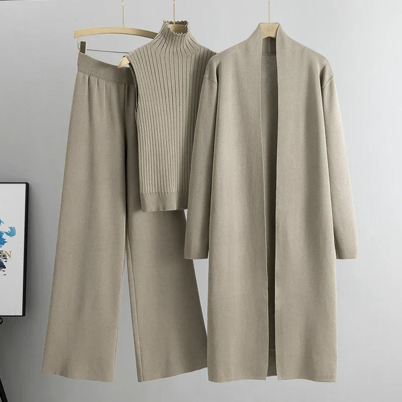 Jillie | Women's Three-Piece Set, Ribbed Top Cardigan and Wide-Leg Pants Outfit