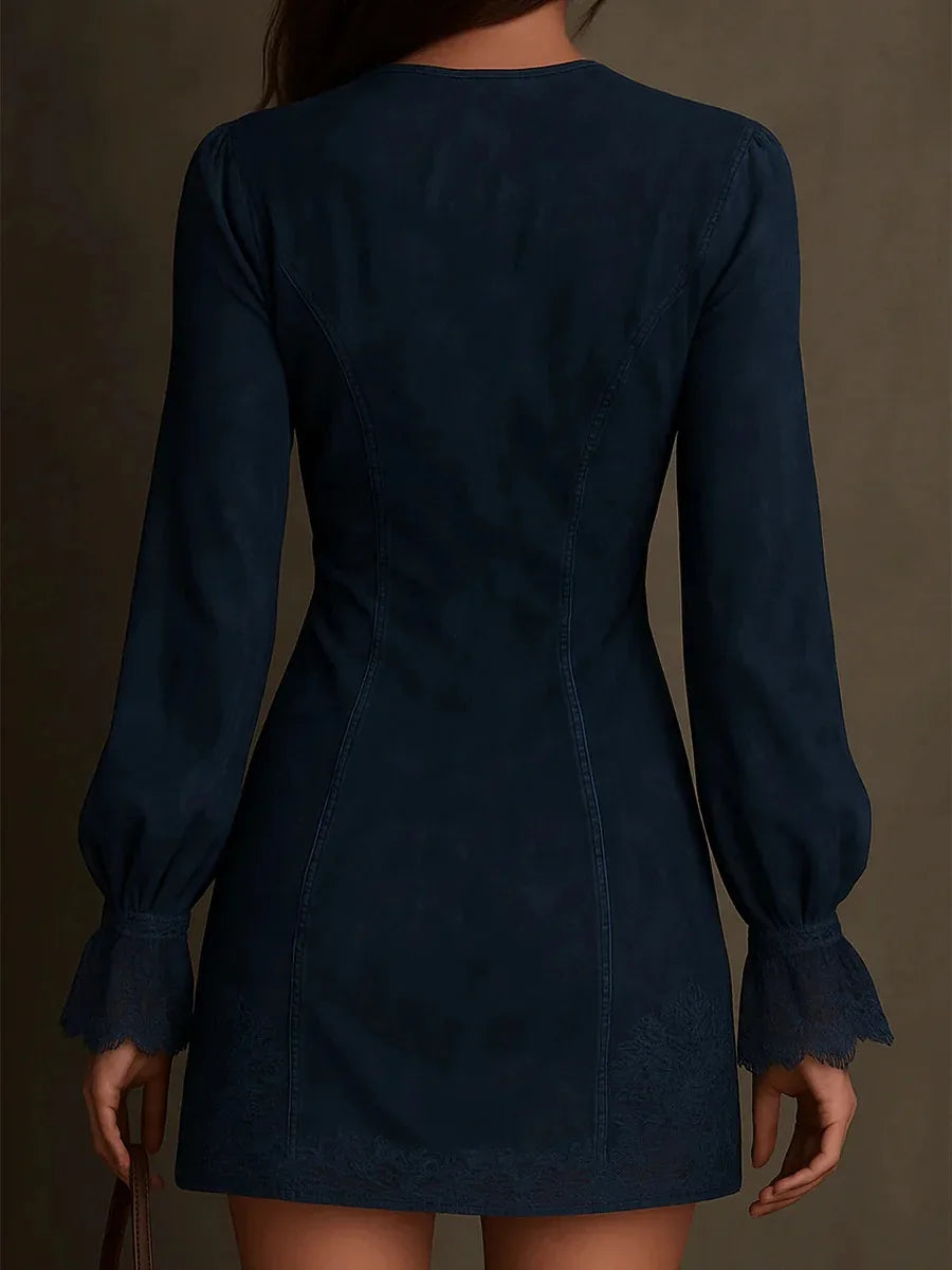 Women's Lace-Trimmed Mini Dress, Long Sleeve Zip Neck Party and Occasion Dress
