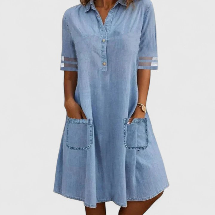 Brittany | Women's Denim Dress, Half-Button Relaxed Fit Casual Dress with Pockets