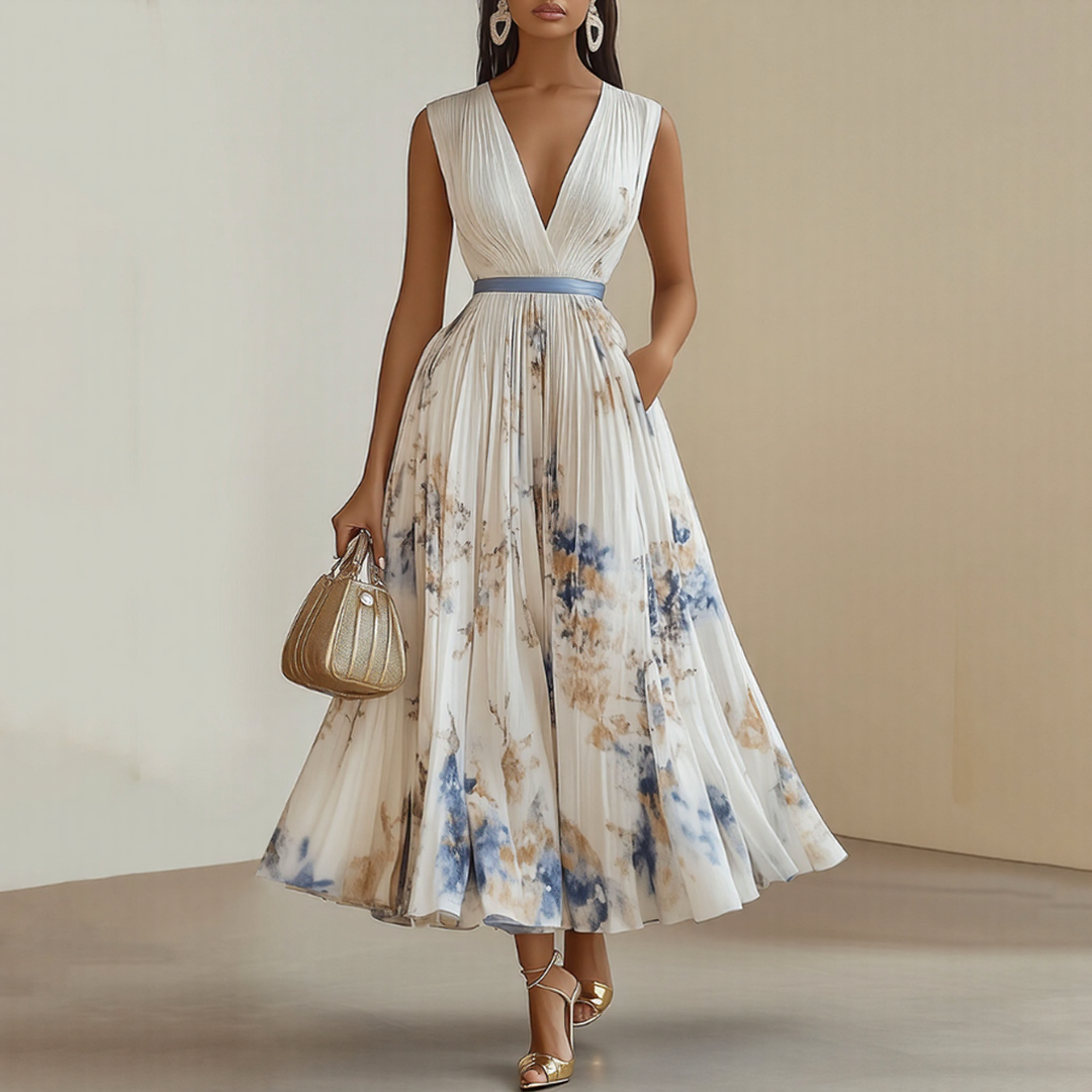 Rowella | Women's Pleated Floral Maxi Dress, Long Sleeve V-Neck Dress with Tie Waist