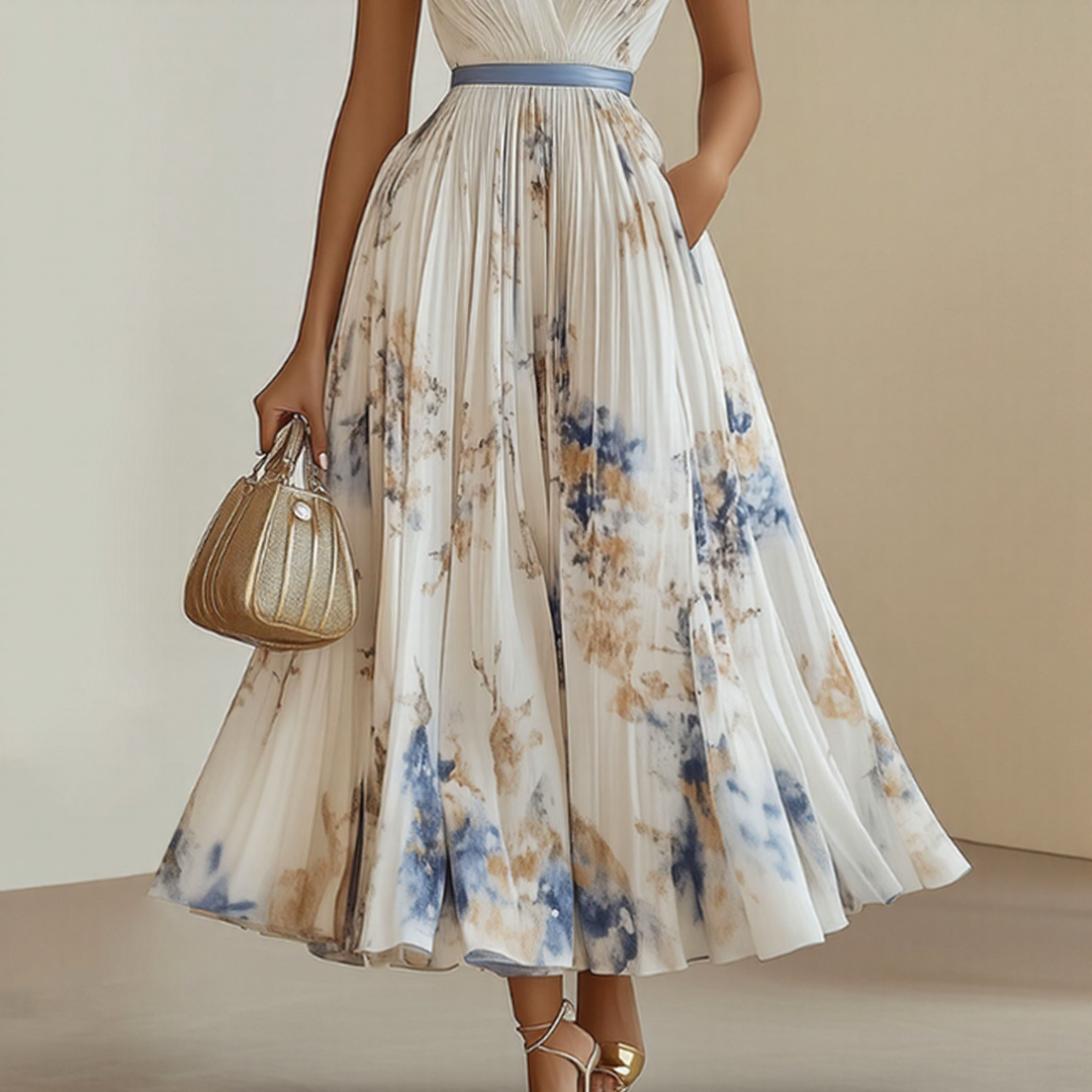 Rowella | Women's Pleated Floral Maxi Dress, Long Sleeve V-Neck Dress with Tie Waist