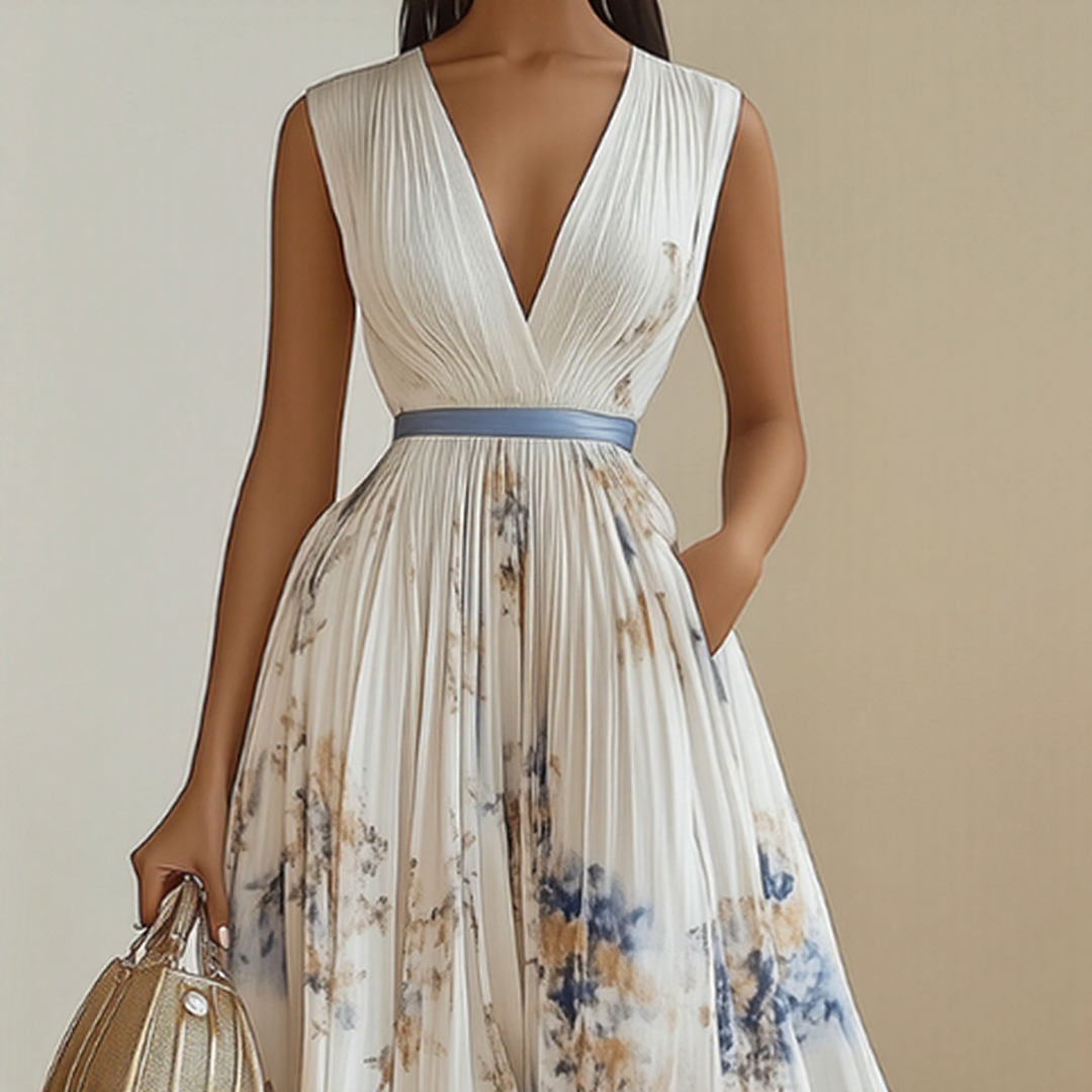 Rowella | Women's Pleated Floral Maxi Dress, Long Sleeve V-Neck Dress with Tie Waist