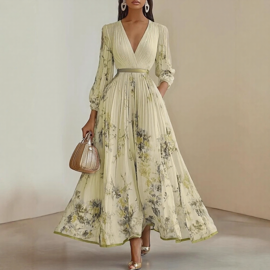 Rowella | Women's Pleated Floral Maxi Dress, Long Sleeve V-Neck Dress with Tie Waist